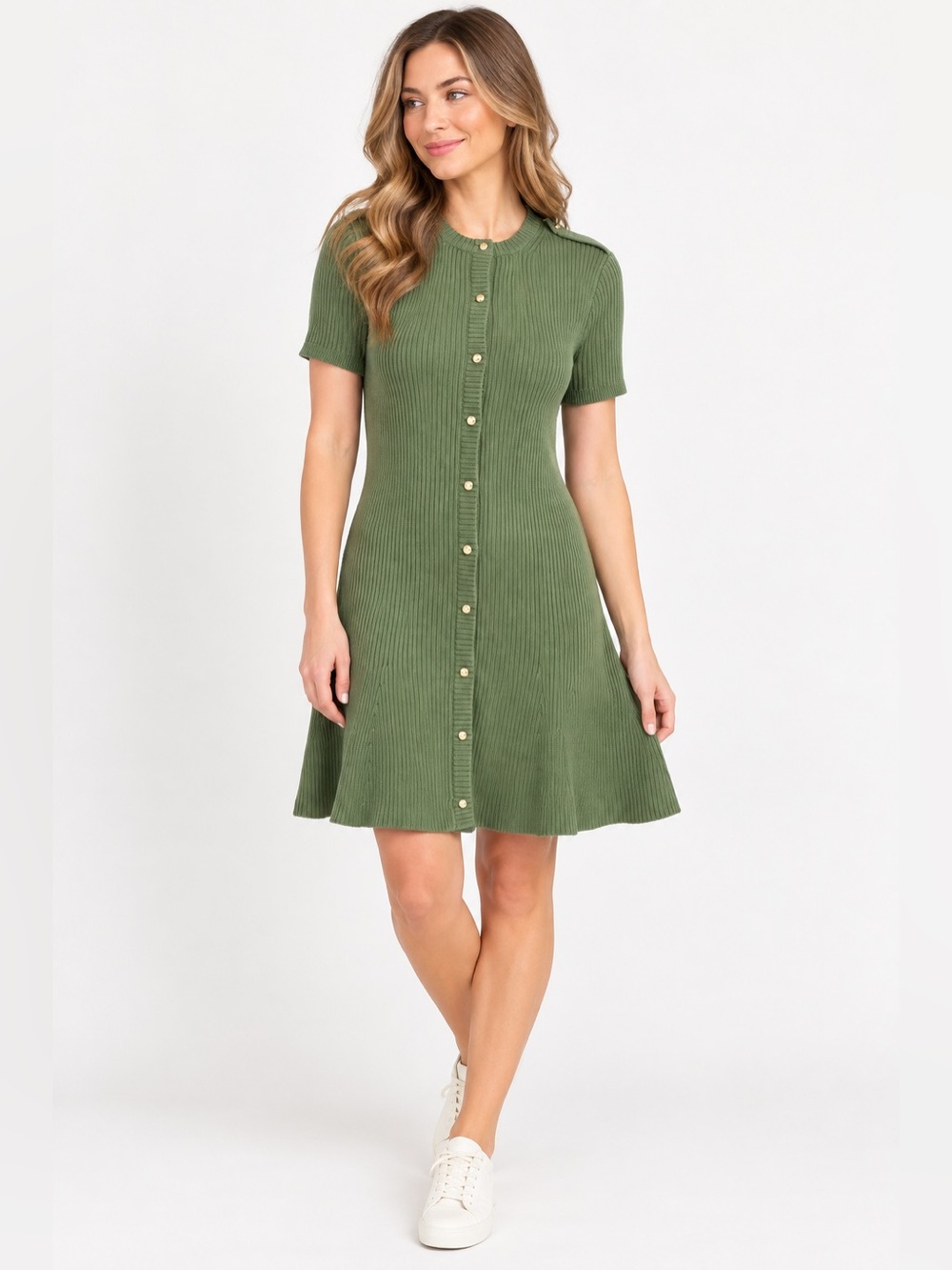 French Connection Olive Ribbed Sweater Dress Button Front XL NWT